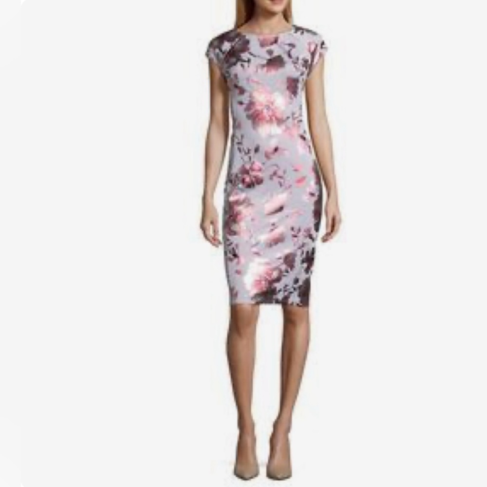ECI Lavender Floral Sheath Midi Dress with Pink Accents